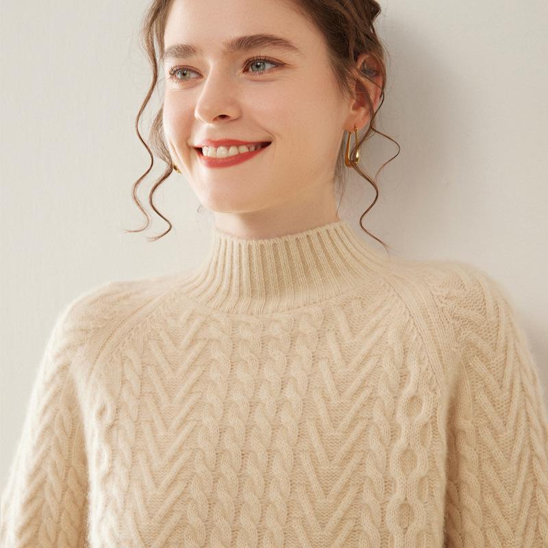 Women's Heavyweight Cashmere Sweater: Autumn-Winter Half-Neck Cable Knit Slim Pullover