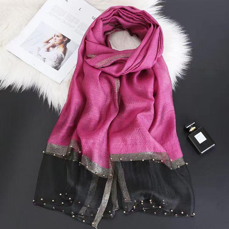 Bufanda Nueva para Mujer Chal Fino con Cuentas Color Sólido Alambre Dorado Bufanda de Gasa Personalizada Bufanda de Seda Imitación Primavera y Otoño