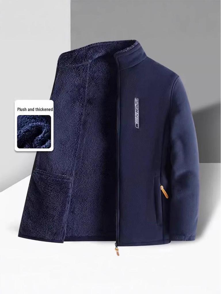 Plus Size Men's Outdoor Jacket - Thickened Velvet Lining, Solid Color, Autumn/Winter Casual Fleece
