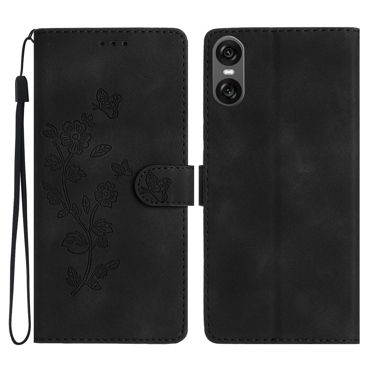 

For Sony Xperia 10 VI Case Leather Imprinted Flower Phone Cover Wallet with Wrist Strap F