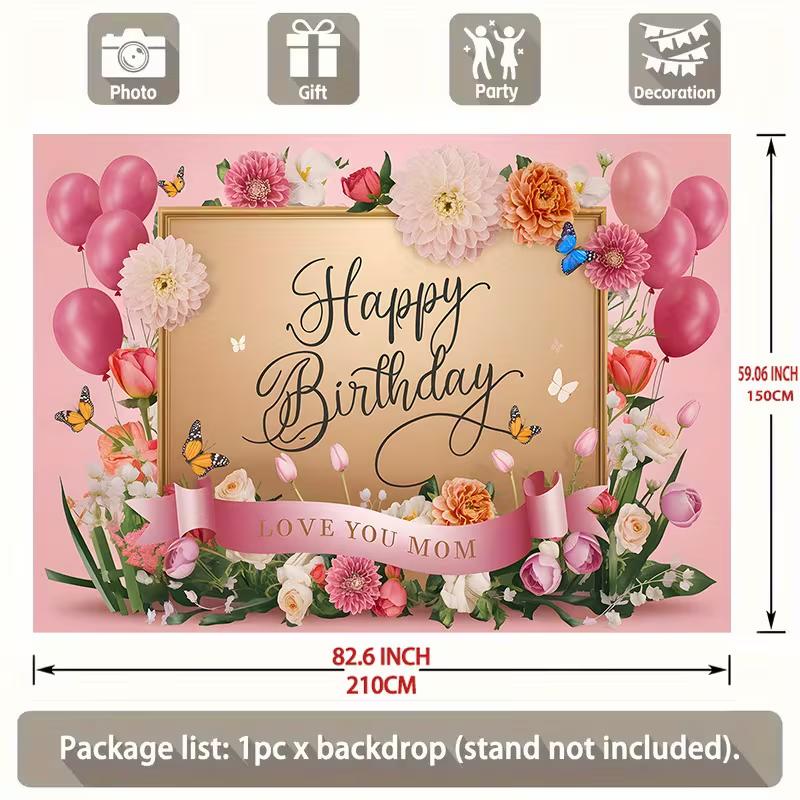 Love You Mom Birthday Party Tapestry, Pink Flower & Butterfly Photo Booth Decor