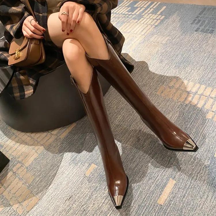 Autumn and Winter Minimalist Paragraph Metal Pointed Classic Long Boots Thick Heels High Heels Slim Boots Fashion Boots