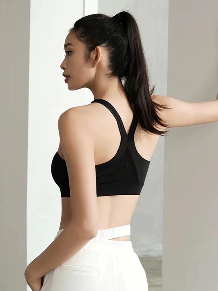 Aimeicgym Sexy Fashion Mesh Patchwork Breathable Underwear Cross Shoulder Strap with Chest Pad Sexy Sports Bra