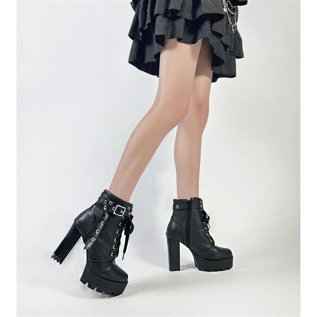 FOREADA Damen Stiefeletten Runde Zehenpartie Dicke Hohe Absätze Plateau Reißverschluss Schnürung Kurze Stiefel Damen Modeschuhe Herbst Winter Schwarz