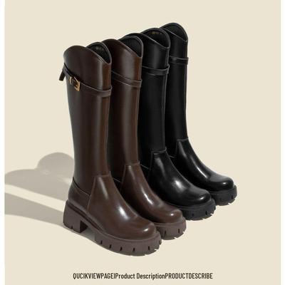 2025 Women's Versatile Knee-High Brown Western Boots with Thick Sole and Slimming Design