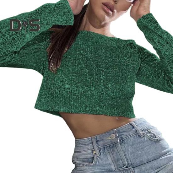 Top crop pentru femei, cu paiete strălucitoare, cu decolteu în formă de O, mâneci lungi, talie expusă, pulover moale, spectacol de scenă, performanță, petrecere, club, top pentru femei