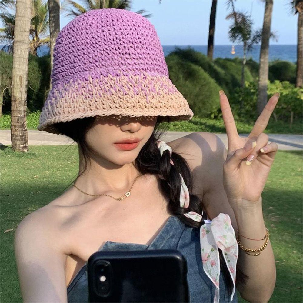 Handmade Women's Straw Hat Travel Bucket Hat Korean Beach Straw Cap  Outdoor