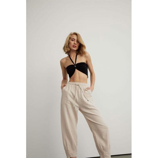 Pantaloni de jogging de damă, cu șireturi, cu talie elastică, amestec de in