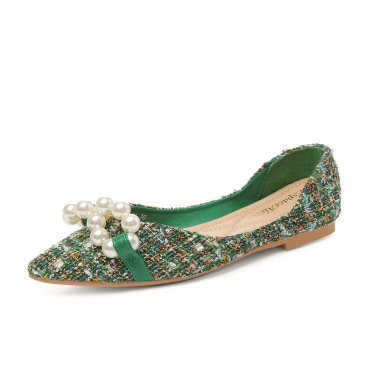 

Туфли на толстом каблуке женские 2024 осень новые универсальные остроносые туфли на плоской подошве с пряжкой в виде тысяч птиц и жемчугом неглубокий носок на среднем каблуке 35 зелёный