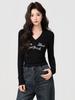 Black V-neck Letter-printed Long-sleeved T-shirt, New Autumn and Winter Bottoming Shirt, Slim-fitting and Thin Top Inside, Women