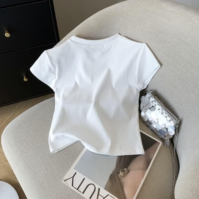 La Chapelle Rhinestone Ribbed Short Sleeve T-Shirt