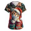 Women's V-neck Christmas printed short-sleeved pocket side-slit protective suit top