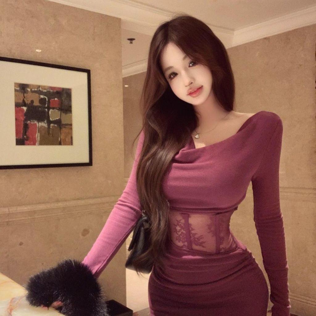 Lace-Spliced Purple Long-Sleeve Fishtail Dress - Pure Desire Style for Spring and Autumn