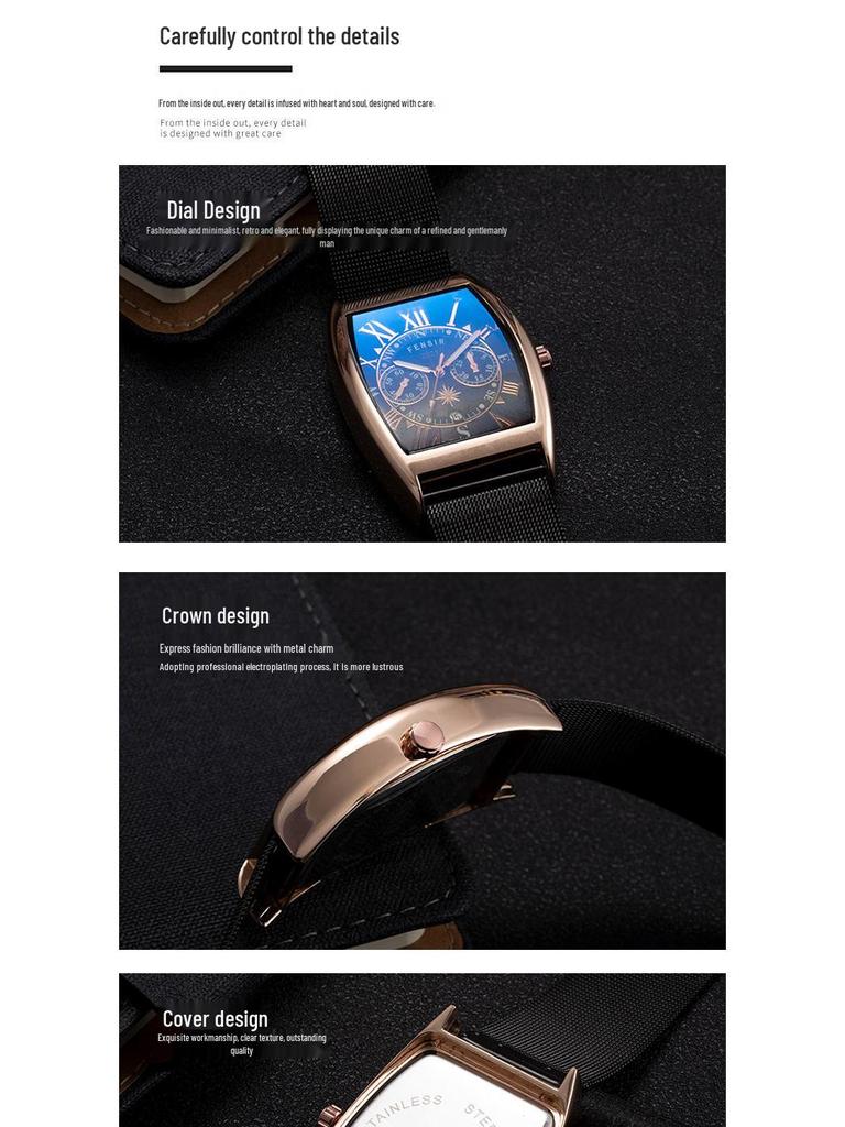 Finish Big Barrel Men's Watch: European & American Style, Leather Strap, Waterproof, Calendar, Casual Office Wear.