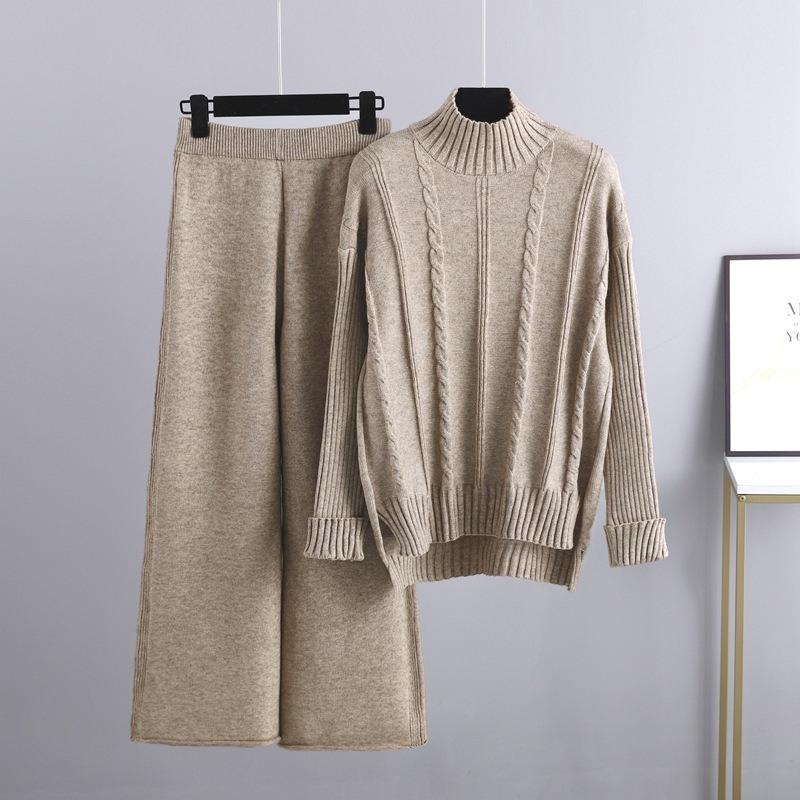 High-end semi-turtleneck sweater wide-leg pants set women's autumn and winter new fashion age-reducing knitted two-piece set