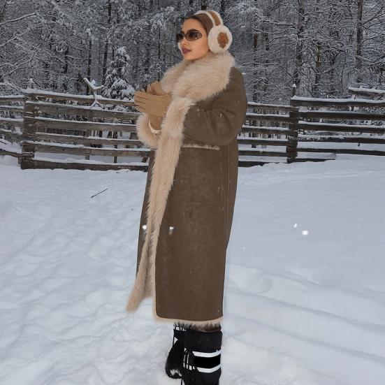 Faux Fur Long Trench Coat for Women Reversible Fuzzy Fleece Sherpa Lined Jackets Winter Furry Trimmed Casual Overcoat
