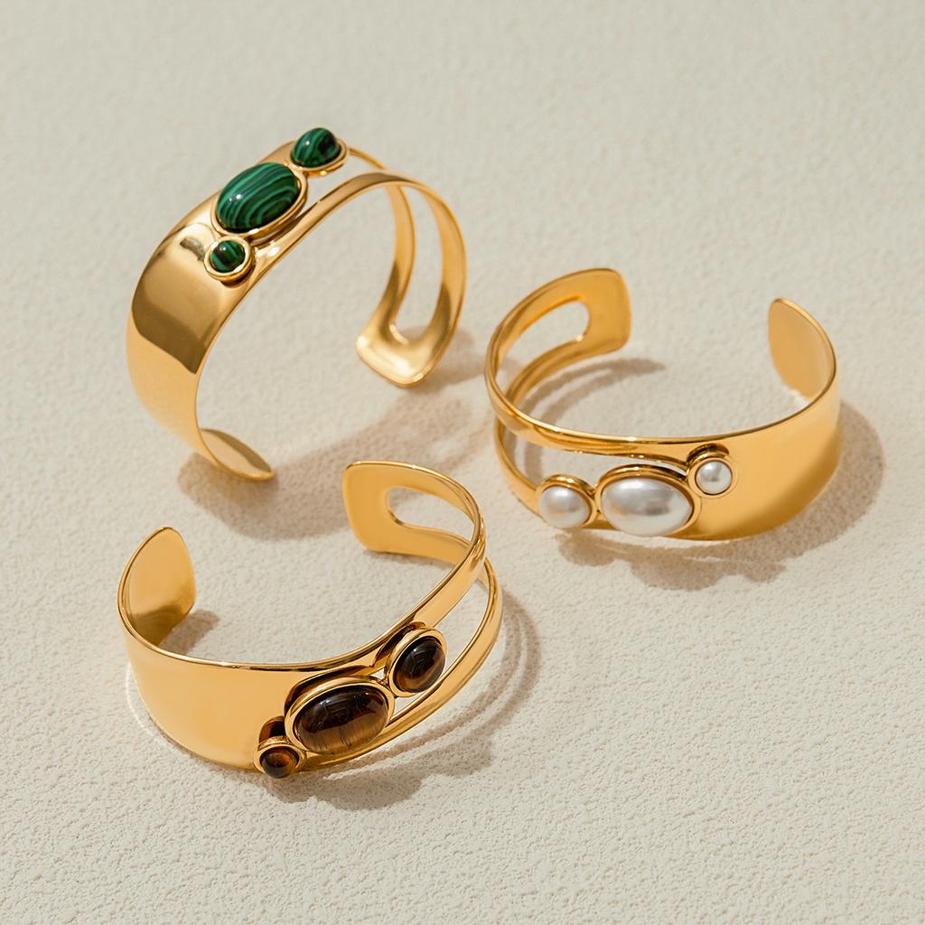 Vintage Stainless Steel Tiger Eye Stone Hollow Bracelet Women's Bangle Accessories