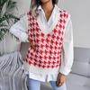 V-neck Checkered Knitted Vest Women Sweater Casual Loose Commute Simple Base Shirt Autumn and Winter
