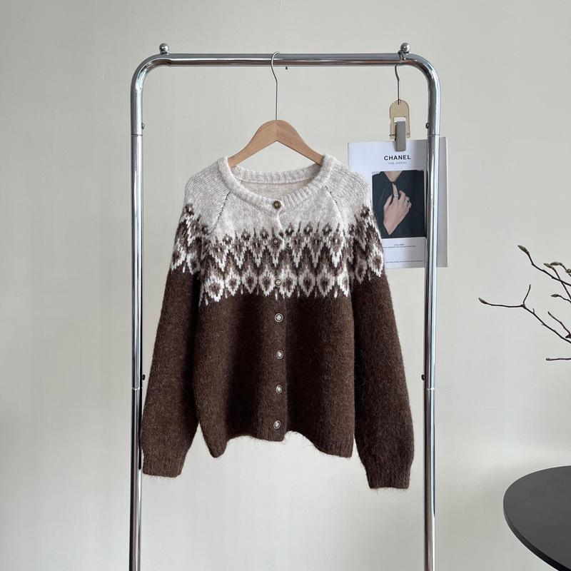 Women's Retro Fair Isle Color Block Knit Cardigan - Korean Style, Thick and Cozy for Autumn/Winter