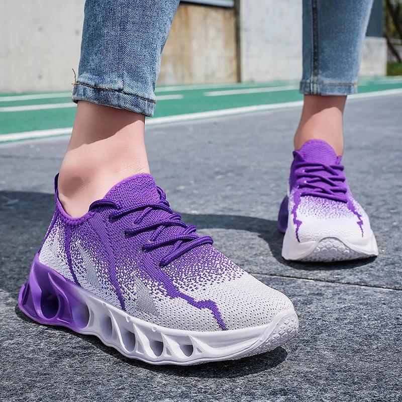 Tênis de Corrida Roxo Verão Mulheres Homens Tênis de Tricô Respirável Leve Tênis Masculinos Outdoor Casual Plataforma Sapatos Esportivos