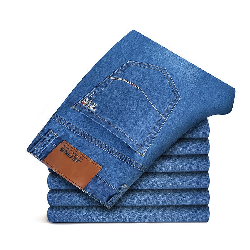 Large Size Men's Stretch Thin Jeans Summer Classic Black Blue Business Casual Straight Denim Pants Baggy Trousers 44 46