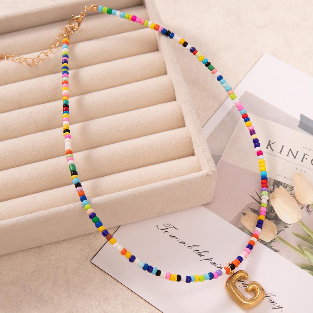 Bubble Alphabet Colored Rice Beads Handmade Beaded Delicate Beach Bohemian Necklace Collarbone Chain