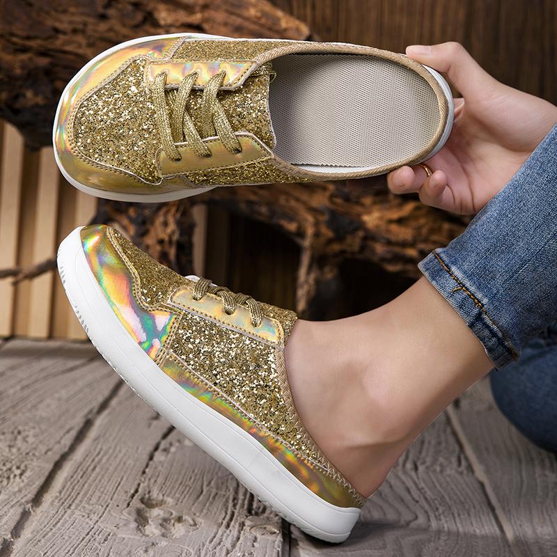 Pink Sequins Women's Flats Shoes Fashion Casual Glitter Sneakers Woman Half Slippers Summer Luxury Comfort Walking Loafers Shoes