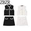 Zbzr Spring New Women Clothes Western Style Fashion Sleeveless Loop Velvet Vest Vest High Waist Mini Skirt Set