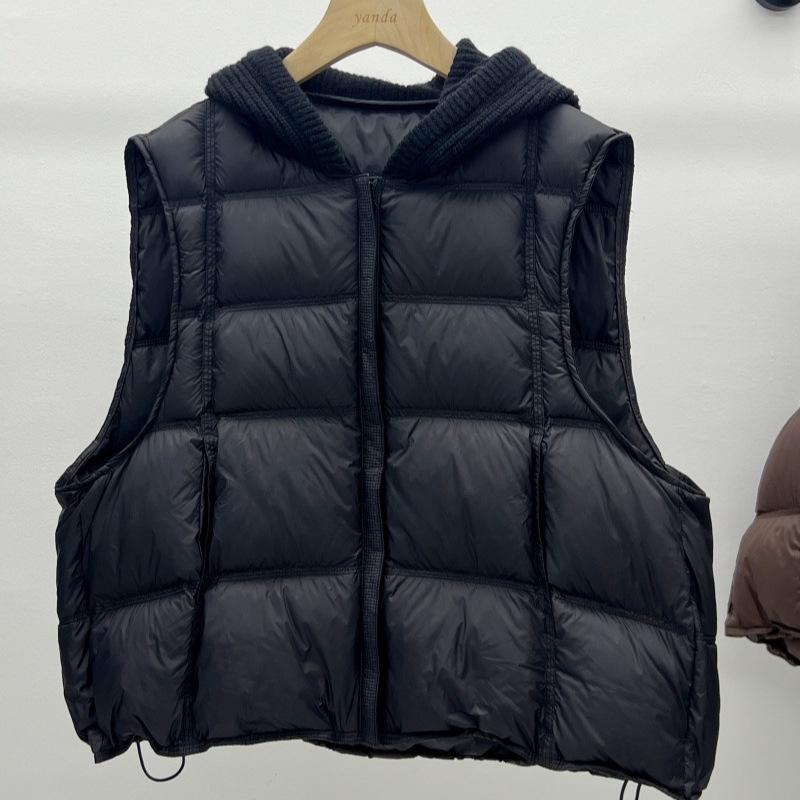 Europäischer Mode Patchwork Strick Kapuzen Daunenweste für Damen - 2026 Herbst/Winter Trendige Lockere Puffer Weste Jacke
