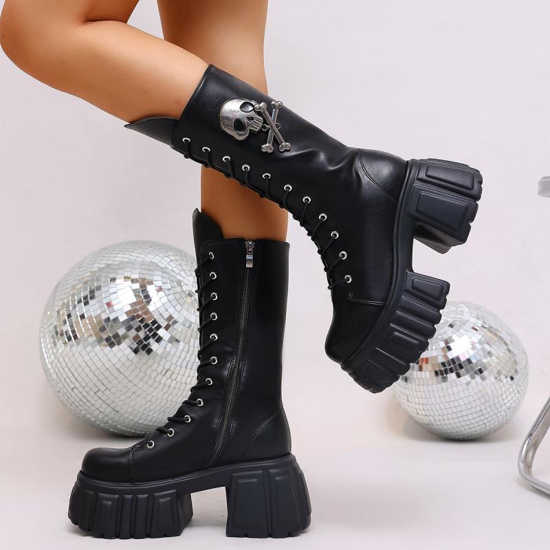 New European and American plus size punk locomotive boots female Internet celebrities handsome thick-soled metal tooling Martin medium tube military