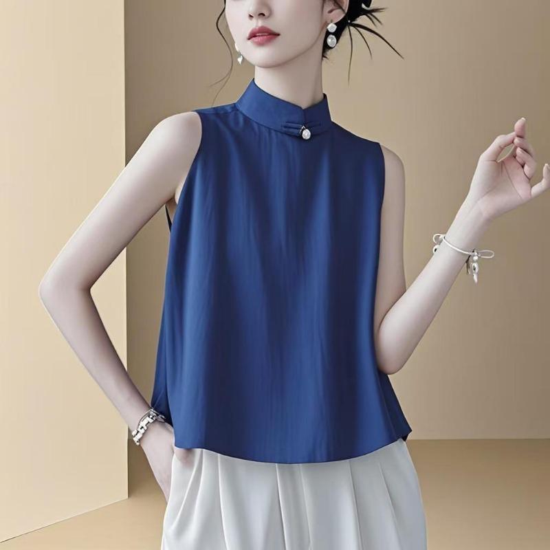 Womens Green Mandarin Collar Sleeveless Blouse Casual Chinese Style Frog Button Top