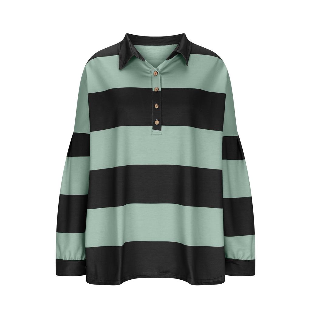Women's Fashionable Striped Lapel Long Sleeved Sports Casual Pullover Sweatshirt Top