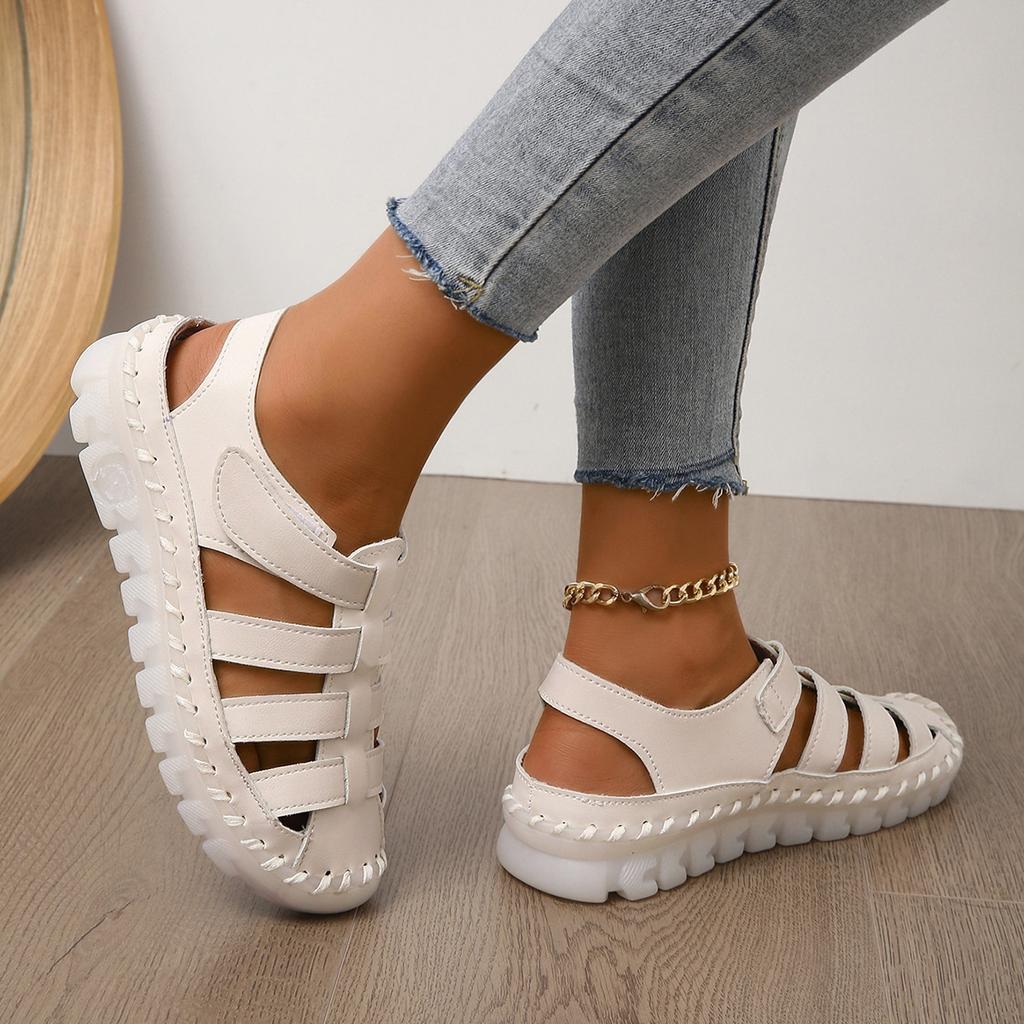 Sommersandalen in Volltonfarbe mit hohler, flacher Sohle, neuer, weicher Sohle, rutschfest und atmungsaktiv, handgenähte Unterseite mit Sohle aus Kuhsehne, Einzelschuhe