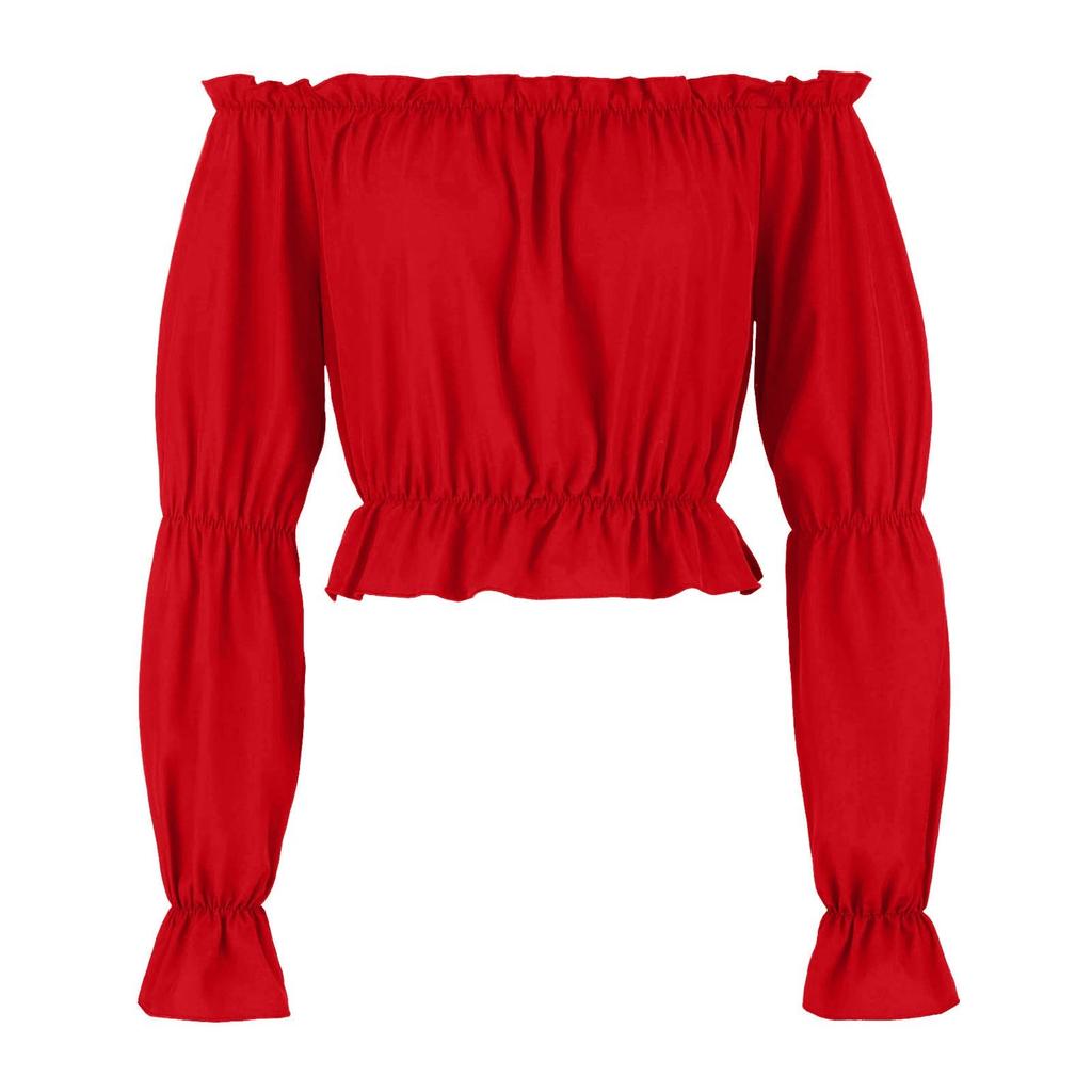 Women's Fashion Solid Color Long Sleeved Off Shoulder Pleated Strapless And Exposed Navel Shirt Top