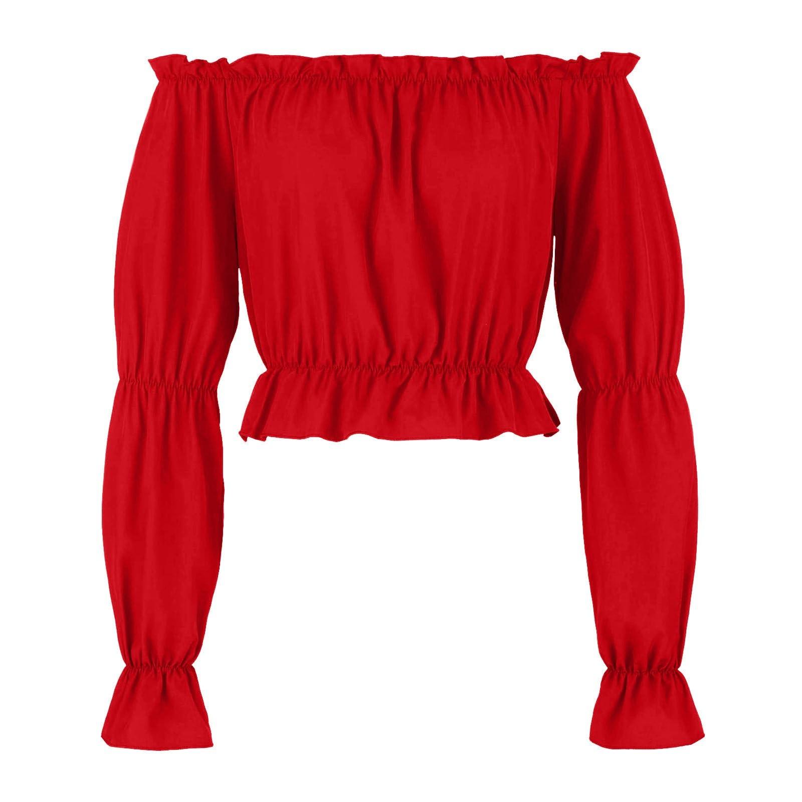 

Женская мода однотонный с длинным рукавом с открытыми плечами плиссированный без бретелек и с открытым пупком рубашка топ M красный