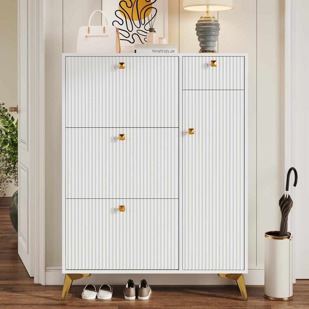 Shoe Cabinet with 3 Flaps, 1 Drawer and 1 Door, White Shoe Cabinet. Dimensions: H 121 Cm / W 90 Cm / D 25 Cm (old SKU N657P19561518W)