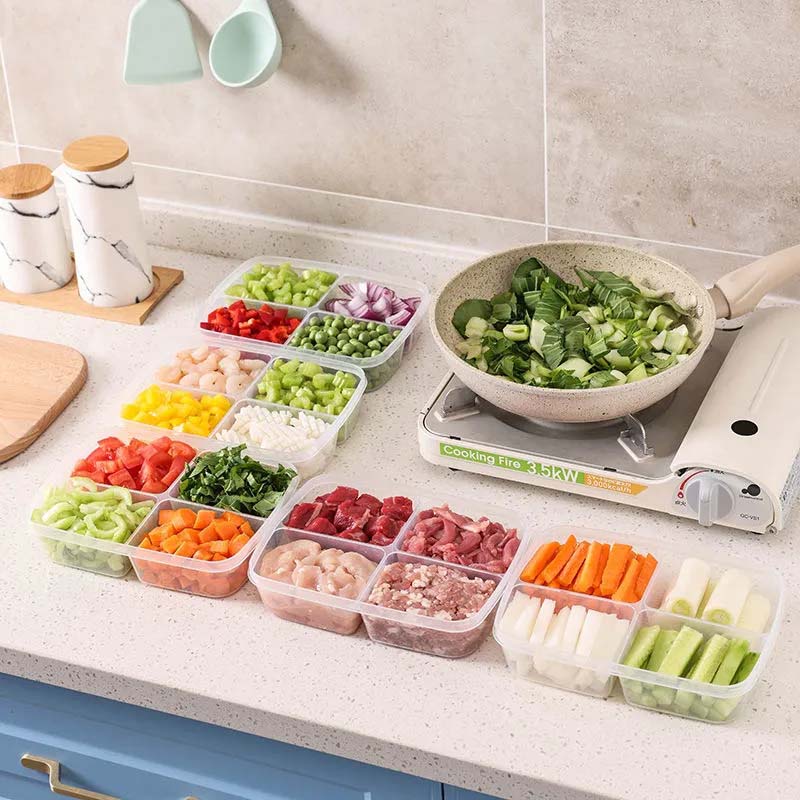 2/4/6 Refrigerator Organizer Storage Fresh-keeping Box Plastic Microwave Lunch Box Sealed Portable Partition Box Fruit Meat Storage Box 4 Compartments