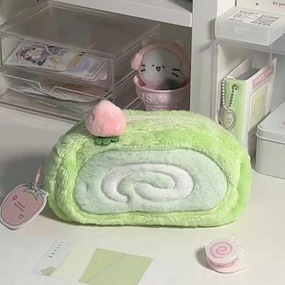 Cute Melon Swiss Roll Plush Coin Purse & Makeup Bag – Large Capacity Stationery Storage for Students, Ins Style