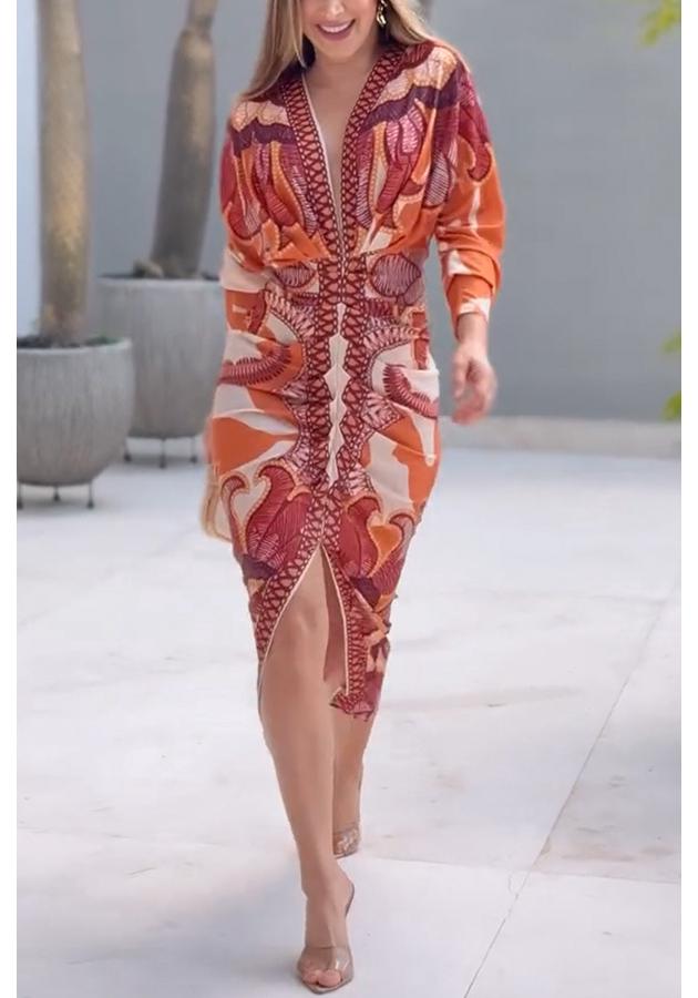 2025 European & American Cross-border Women's Sexy V-Neck Long Sleeve Slit Dress