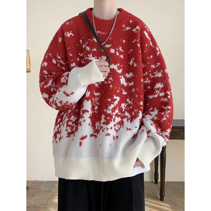 Christmas Snowflake Gradient Sweater Men's Autumn and Winter Red Round Neck Sweater Retro Japanese Casual Top