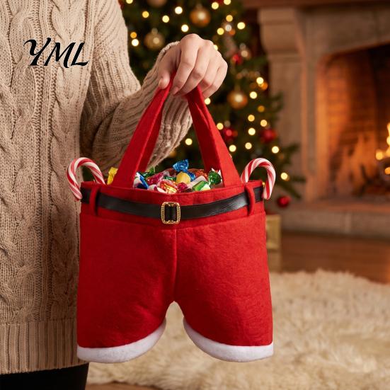Holiday Window Display Props Christmas Santa Pants Gift Bag, Red Plush Candy Tote with Handles Eve Holders for Wine Bottle, Party Favor Wrapping, Xmas
