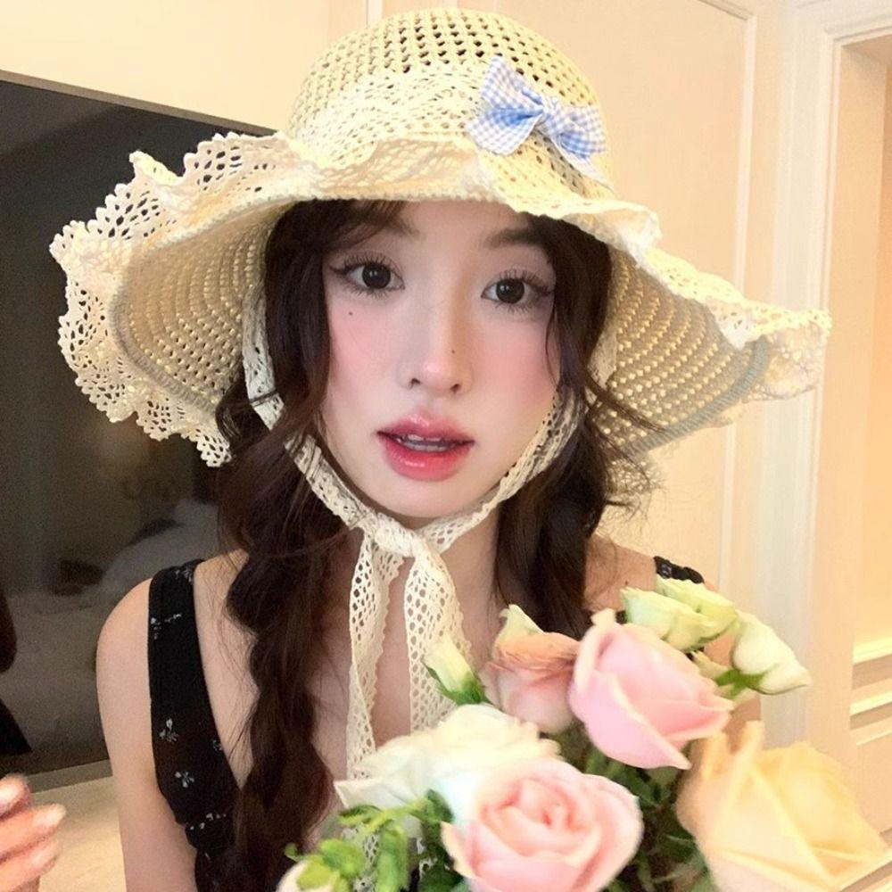 Breathable Woman's Straw Hat Elegant Lace Brim Sunshade Cap Casual Big Bowknot Sun Hat  Girls