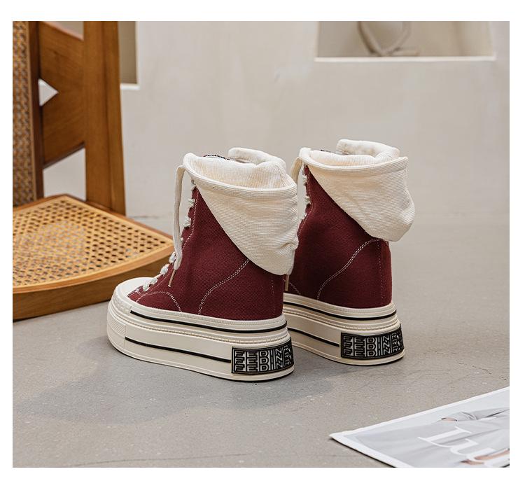 12CM Thick Sole High Heel Canvas Shoes: 2025 Autumn/Winter Hooded Lace-Up Women's Trend