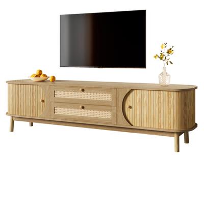 TV-Schrank - TV-Schrank aus natürlicher Holzmischung mit Türen und Schubladen. TV-Ständer mit Rattan-Seiten. Aufbewahrungslösung, Natürlicher Landhausstil