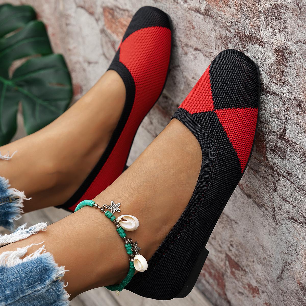 

Модная весенне-осенняя обувь на плоской подошве, модная повседневная женская обувь на плоской подошве, квадратный носок, вязаная эластичная удобная бутиковая обувь, лоферы 43 красный