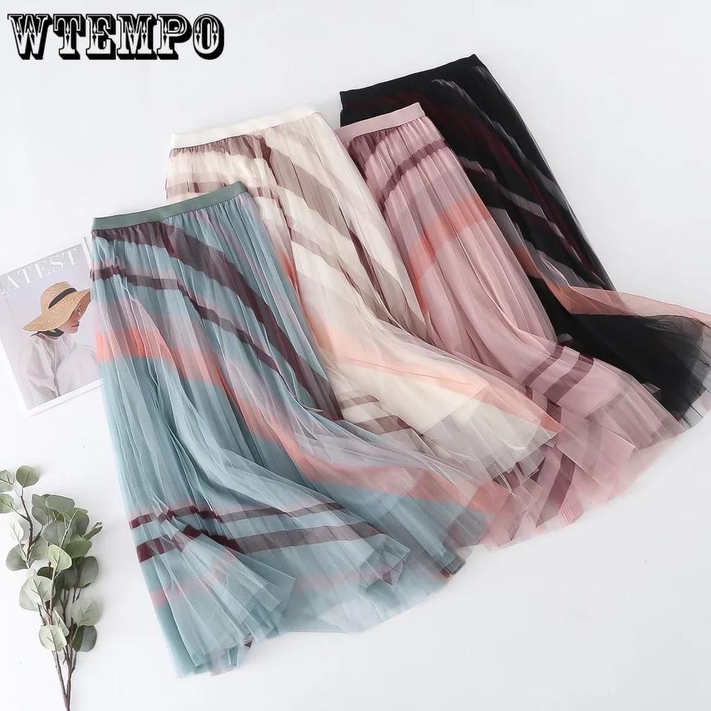 Summer Printed Mesh Pleated Skirt High Waist Slim Versatile Mid Length Half Length Skirt Wearing Women's Large Swing Skirt