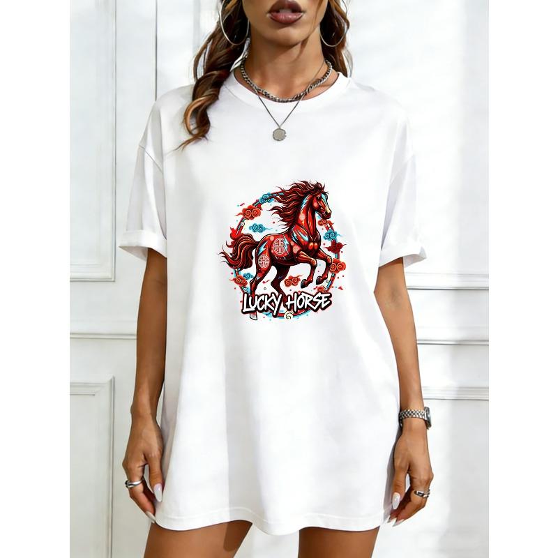 

Oversized T-Shirt Black Lucky Horse Graphic Print With Chinese Style Design For Casual Wear And Street Fashion XXXXL