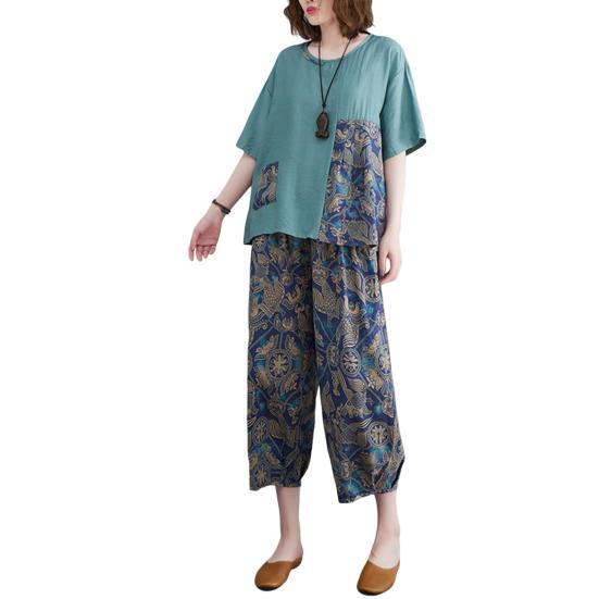 2 szt./zestaw damski T-shirt spodnie zestaw O dekolt krótkie rękawy patchwork nadruk top elastyczny pas szerokie nogawki plus size spodnie codzienny strój codzienny