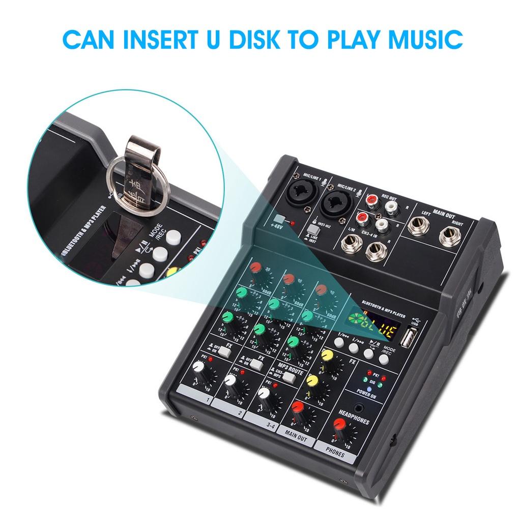 48V 4 Kanallı Bluetooth Ses Kartı Mikser Konsolu Dijital Ses Mikseri MP3 USB Girişi + Müzik Kaydı Karaoke için Phantom Güç