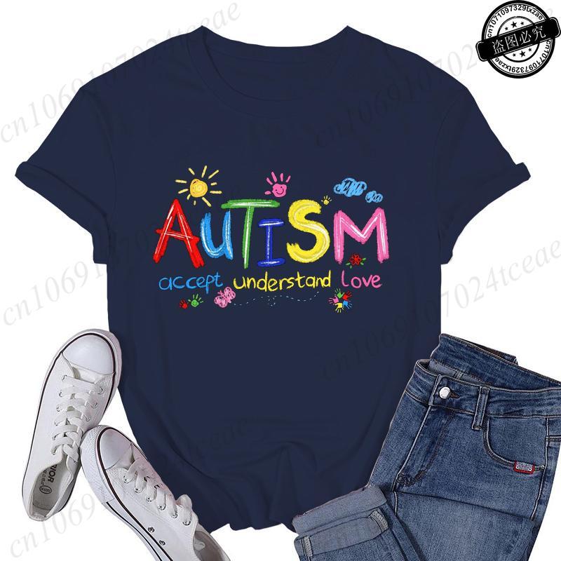 Brushstroke Autism Print Women's Streetwear T-Shirts Female T Shirts Autism Awareness Fashion Graphic Tees Tops Women Clothing
